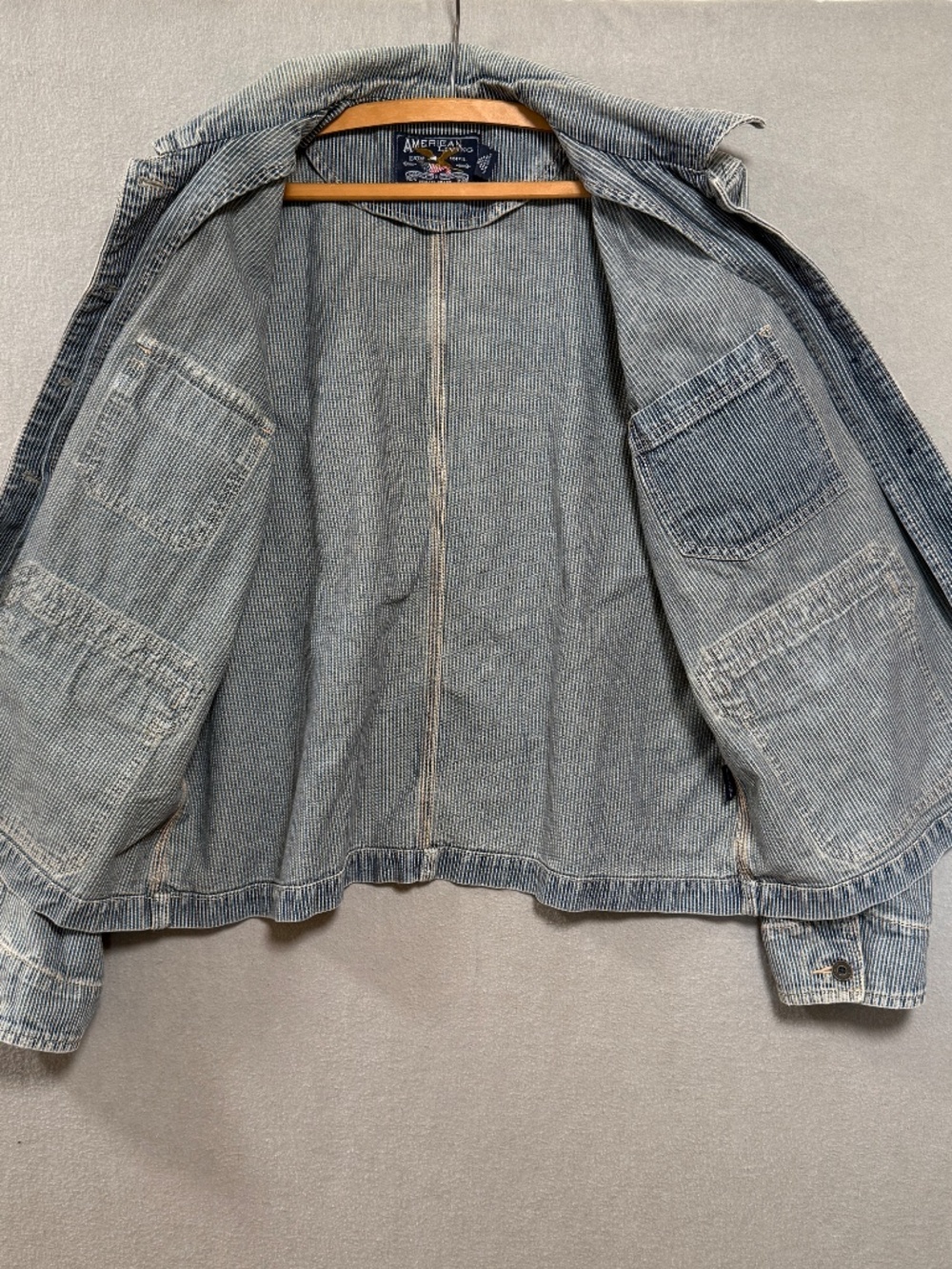 American Living Hickory Stripe Denim Chore Jacket Blue White Workwear Women XL - Picture 3 of 11